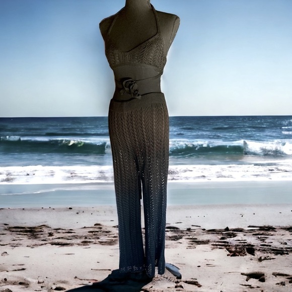 Crochet 2 pc Set Black Top & Stretchy Wide Leg Crochet Pants … - Picture 7 of 16